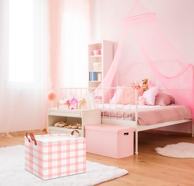 CLOCOR Rectangular Storage Basket,Collapsible Cute Pattern Storage Bin,Waterproof Books Box with Handles,Gift Basket(Pink Grid) - Image 4